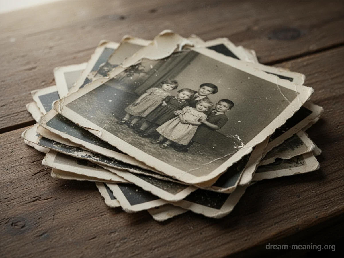 A pile of vintage photographs on a wooden table.