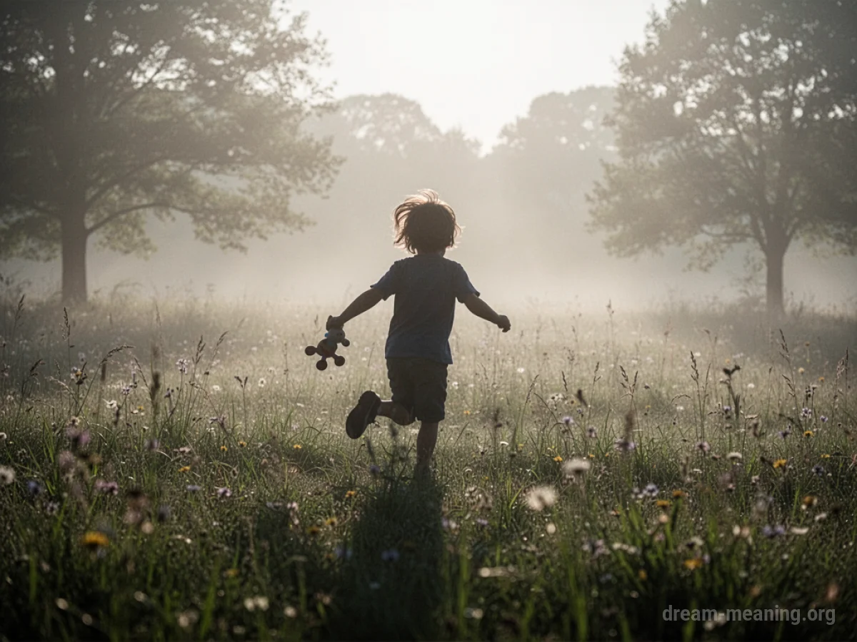 Silhouette of a child running through a sunlit meadow.