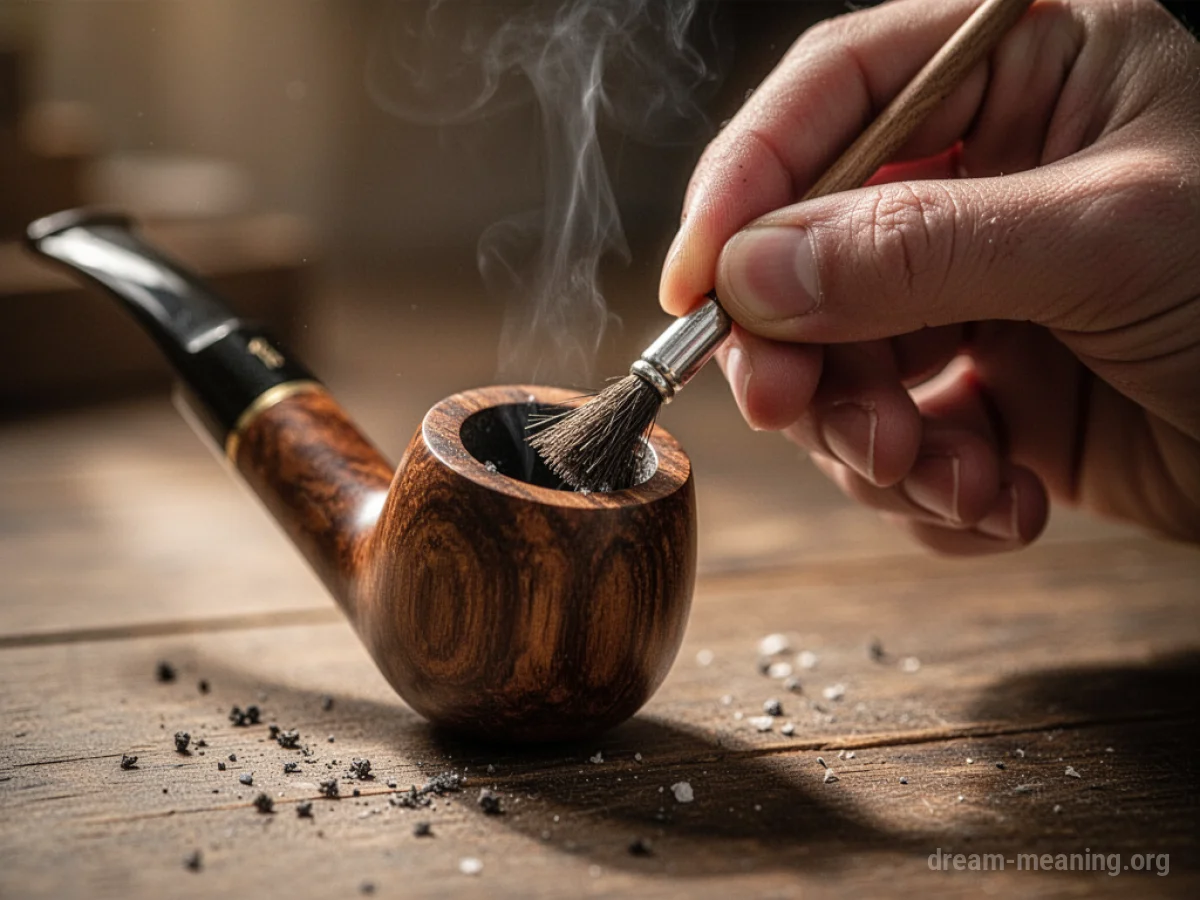 A hand holding a wooden pipe and a small cleaning tool.