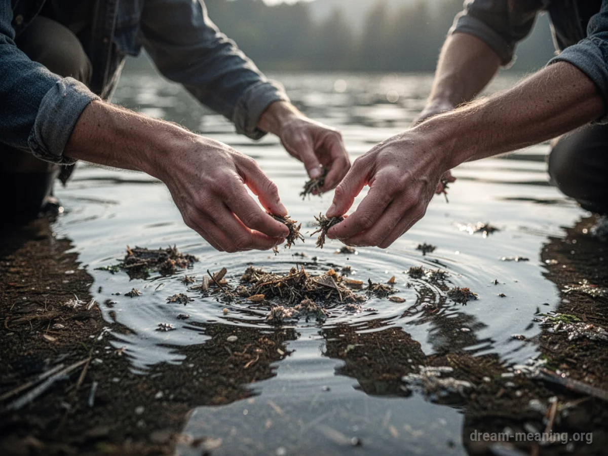 Hands picking up debris from clear water.
