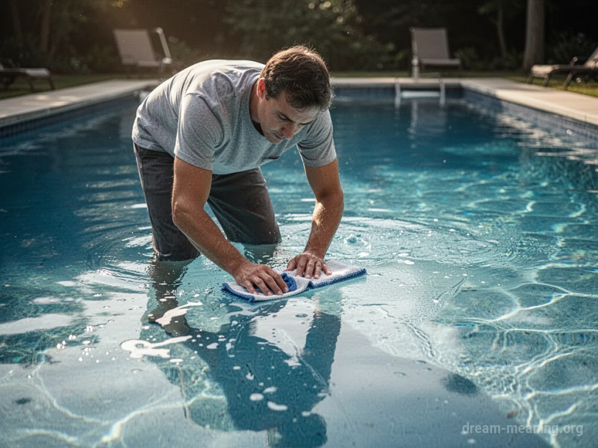 A person using a net to clean debris from the surface of a swimming pool.
