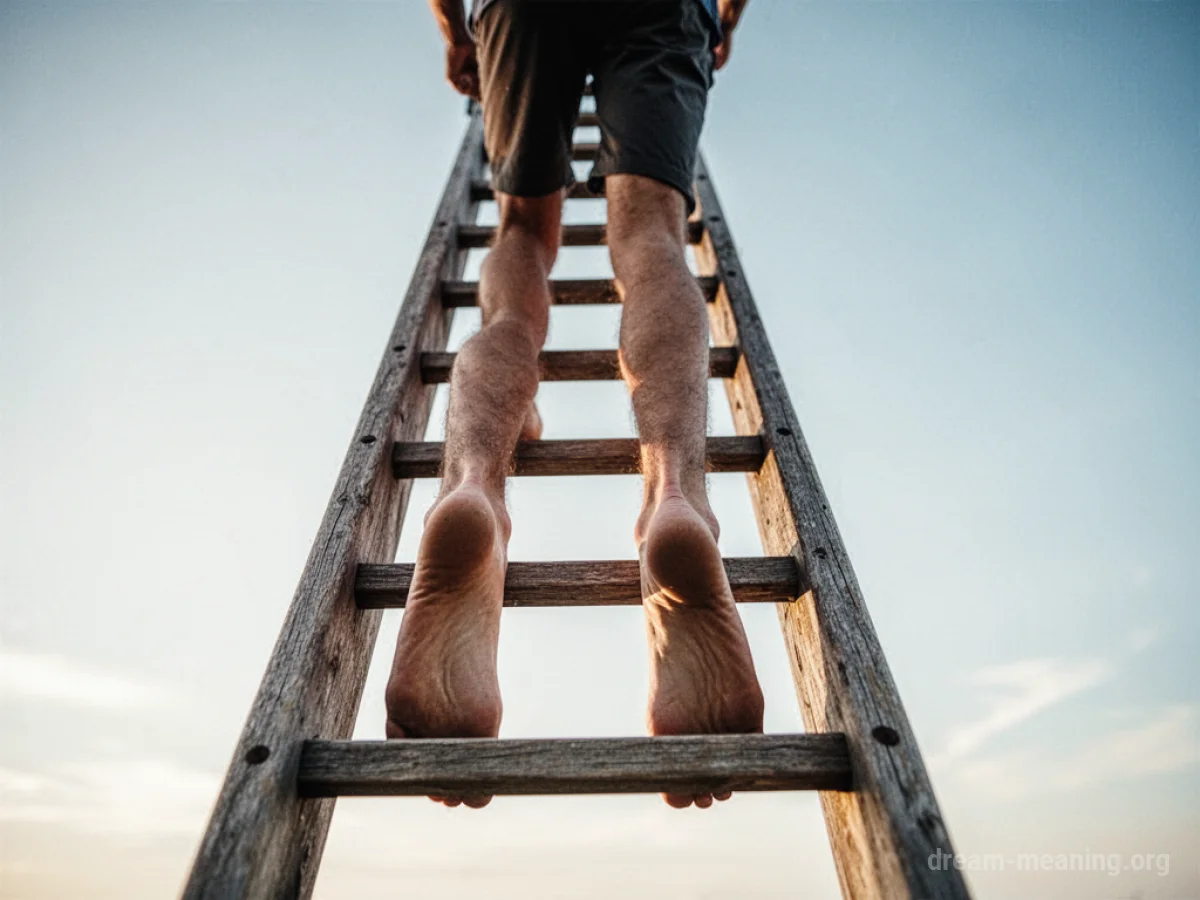 Legs climbing a wooden ladder towards a bright sky.