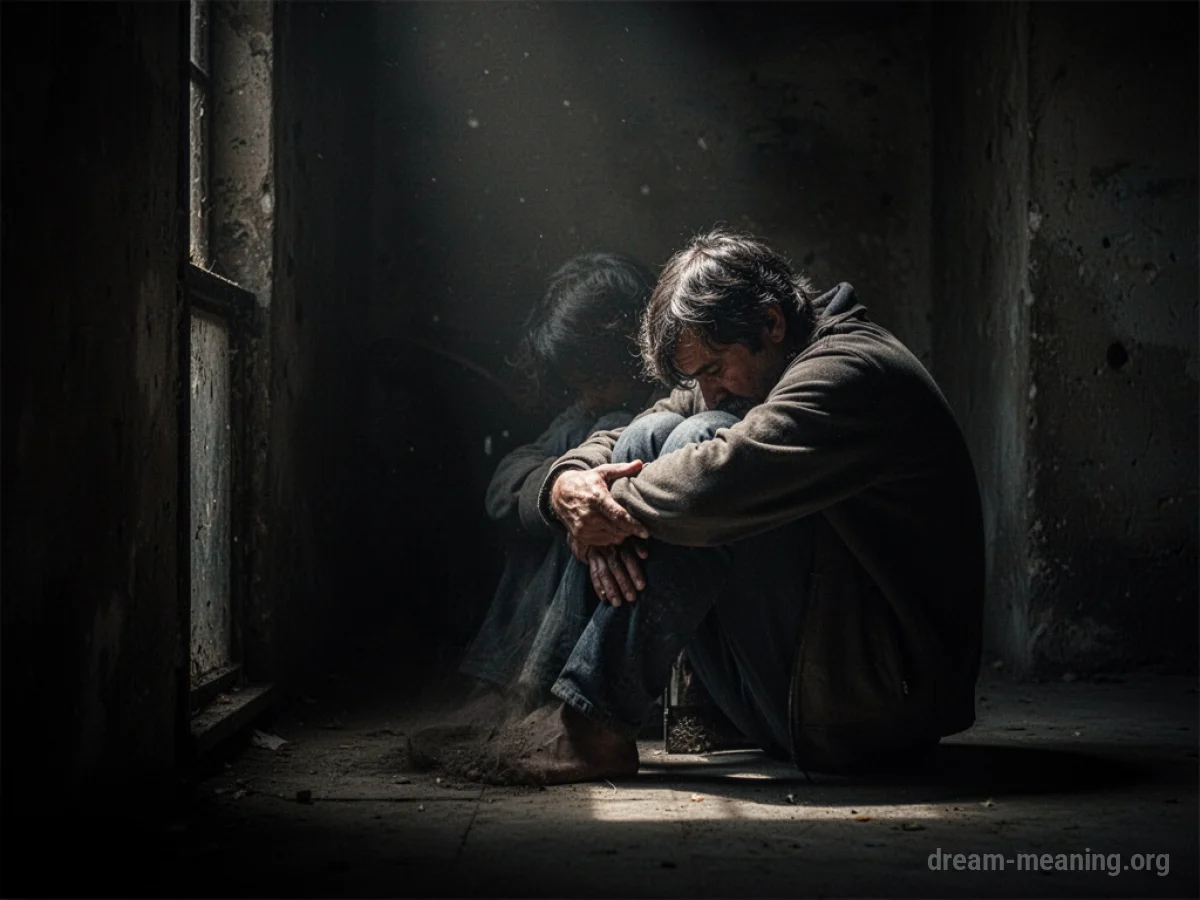 Silhouette of a person shivering in a dark, empty space.