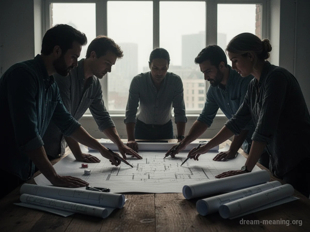 Silhouettes of people working together around a table with blueprints.