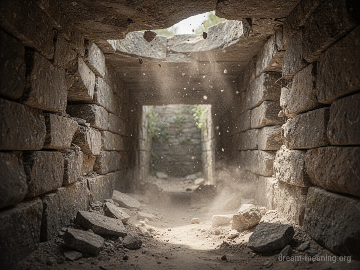 A stone passageway with debris falling from the ceiling and sides.