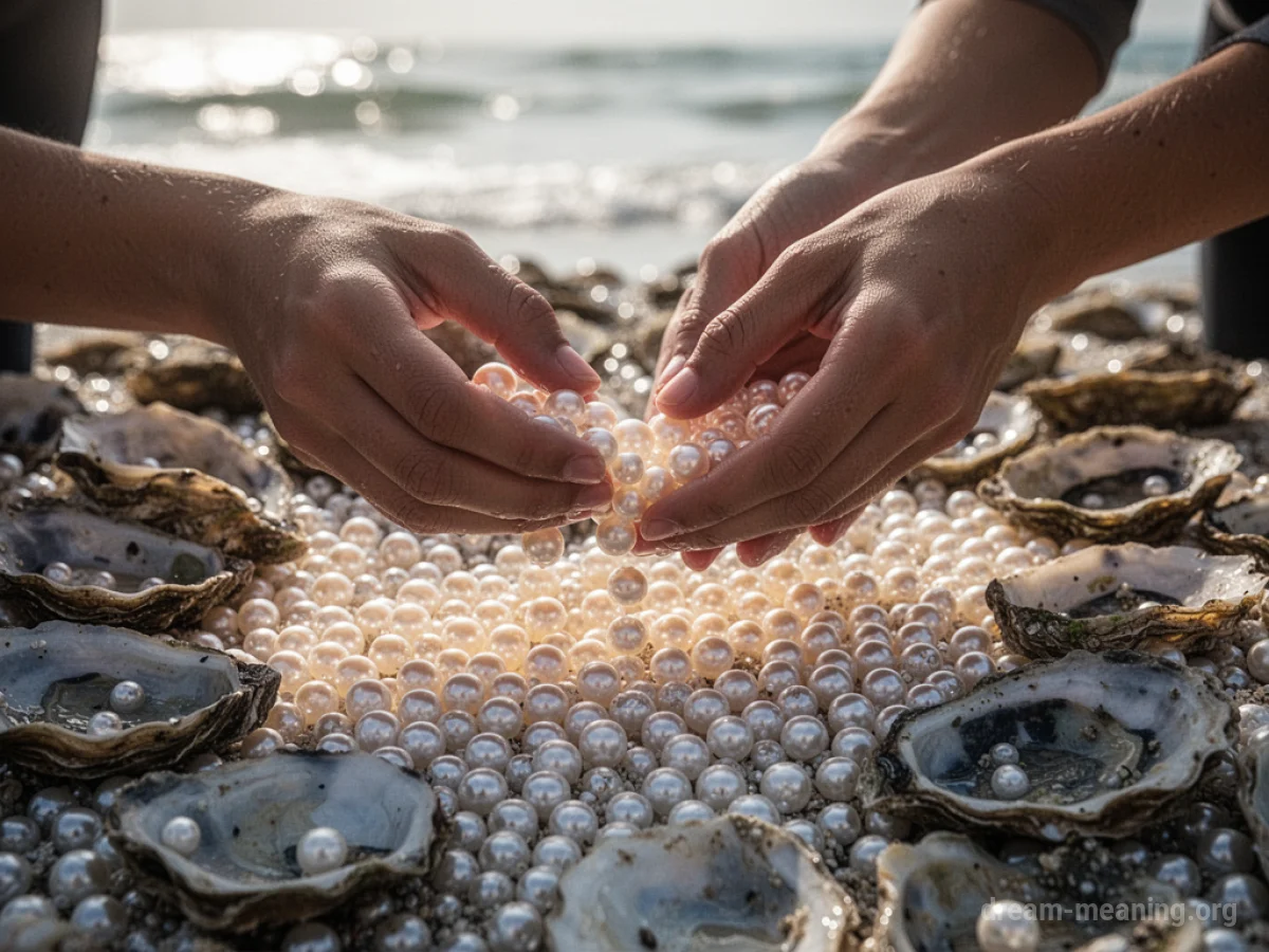 Hands reaching into an oyster bed to pick up round, white pearls.