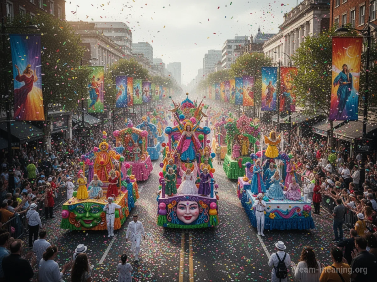 A lively parade with many people watching from the sidelines and floats moving down a street.