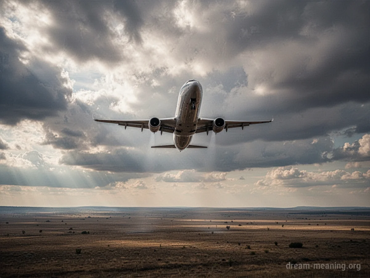 A commercial airplane descending sharply in a cloudy sky over a landscape.