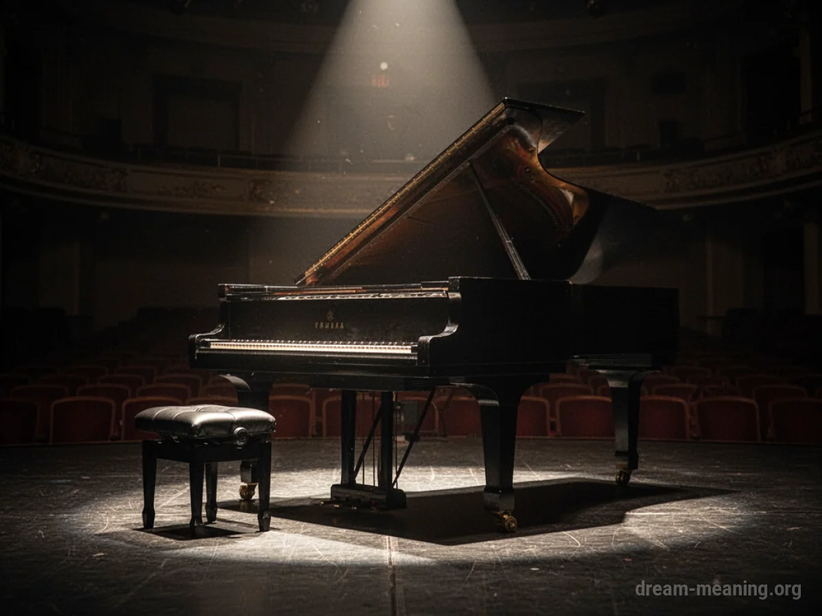 A grand concert piano on a stage with a spotlight.