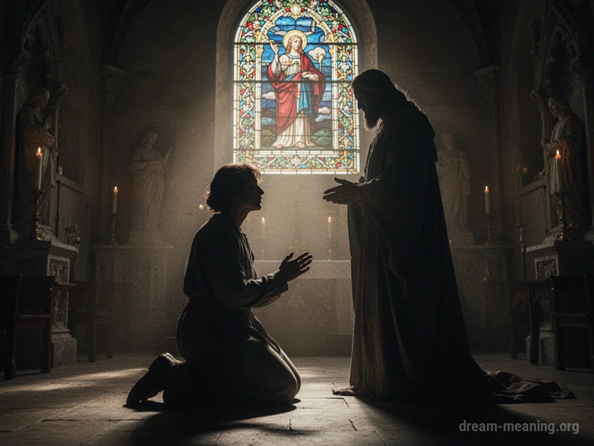 Silhouette of a person kneeling in front of a priest figure.