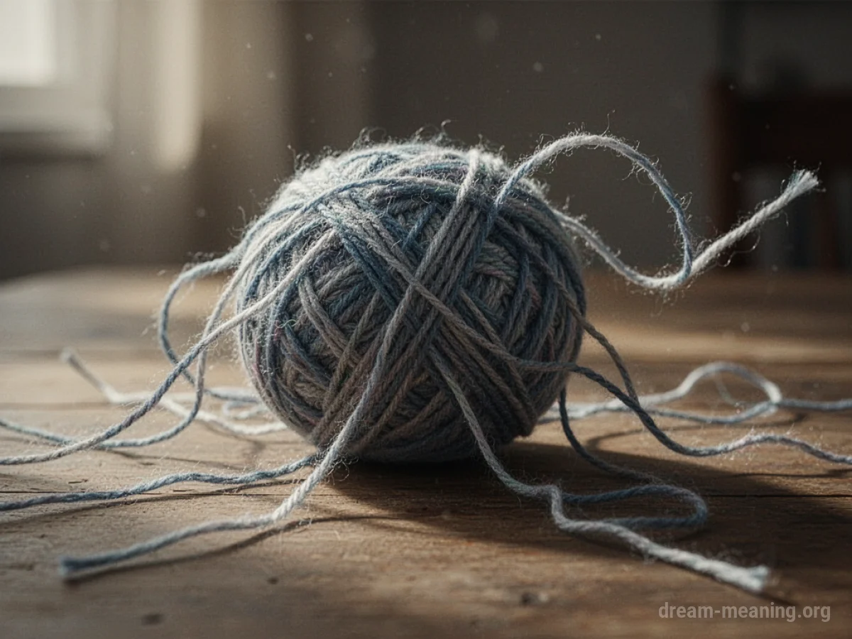 A tangled ball of yarn with many loose threads.