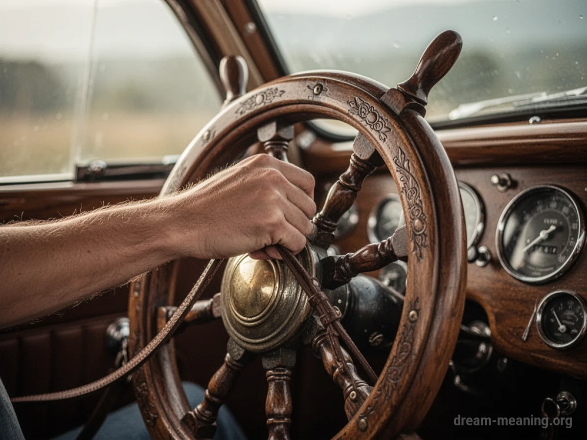 A hand holding the handles of a large steering wheel.