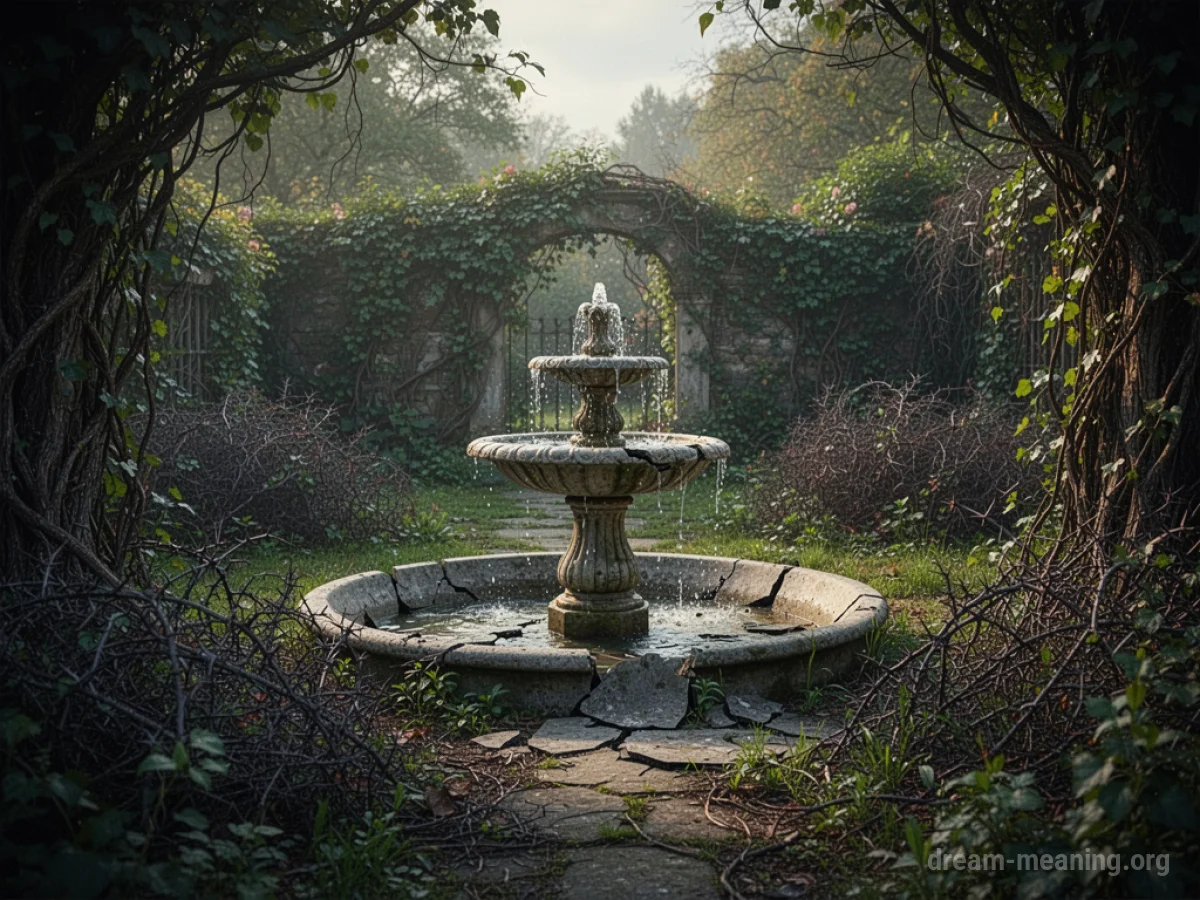 A decaying garden with overgrown dark vines and a cracked fountain.