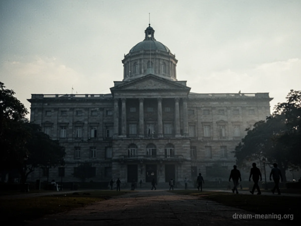 Silhouette of a government building with distant shadowy figures.