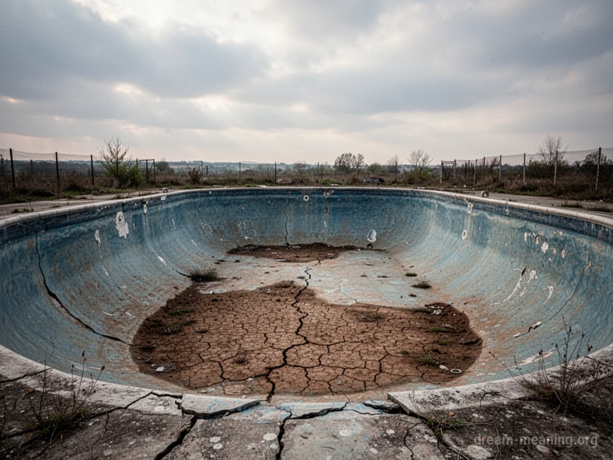 An empty swimming pool with visible cracks in its basin and dry dirt.
