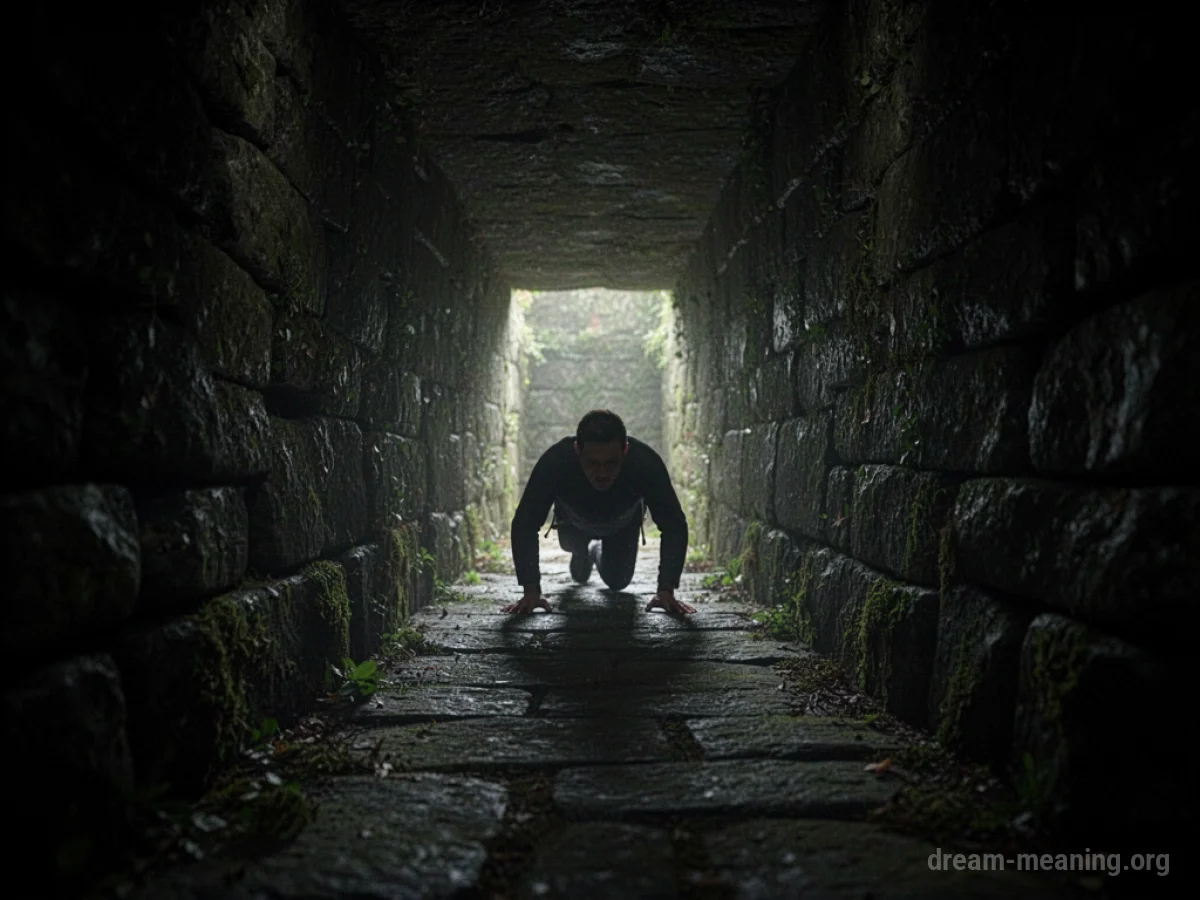 Silhouette of a person crawling through a narrow, dark tunnel towards a distant light.