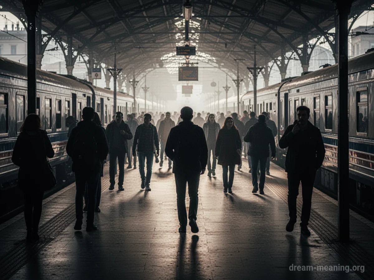 A busy train platform with numerous indistinct people.