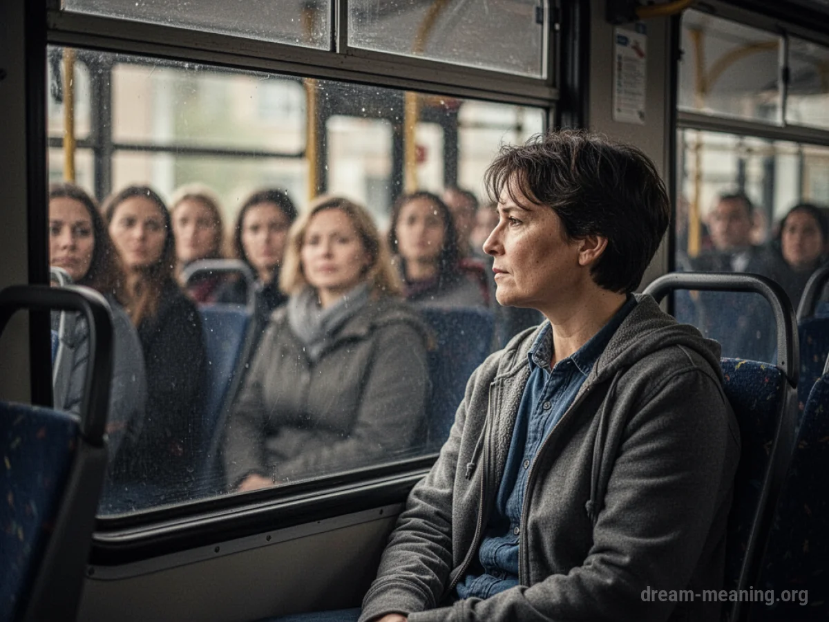 A person looking out a bus window, with many other people visible inside the bus.