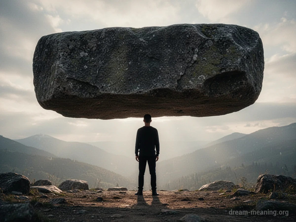 Silhouette of a person beneath a large stone block.