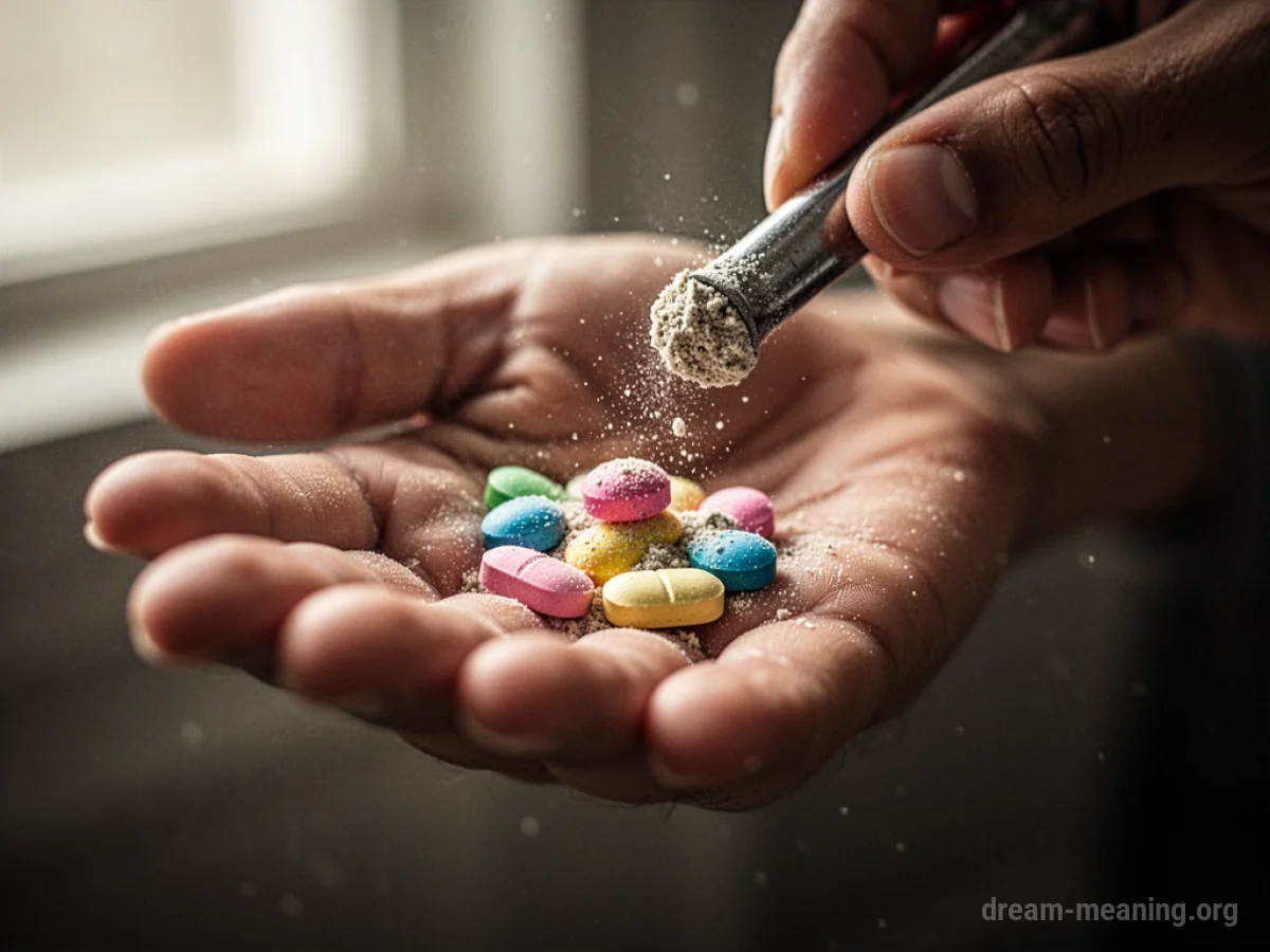 A hand crushing pills into powder.