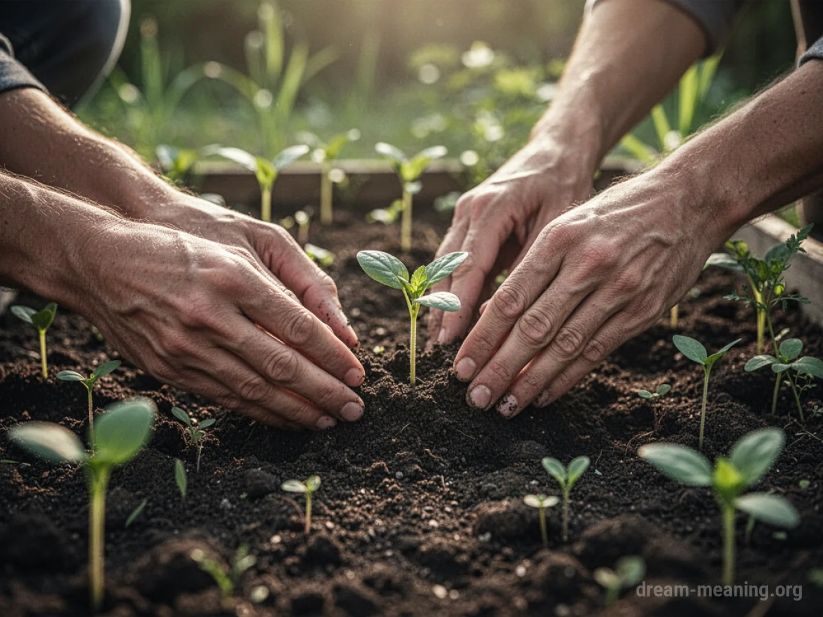 Hands planting seeds in a small garden patch.