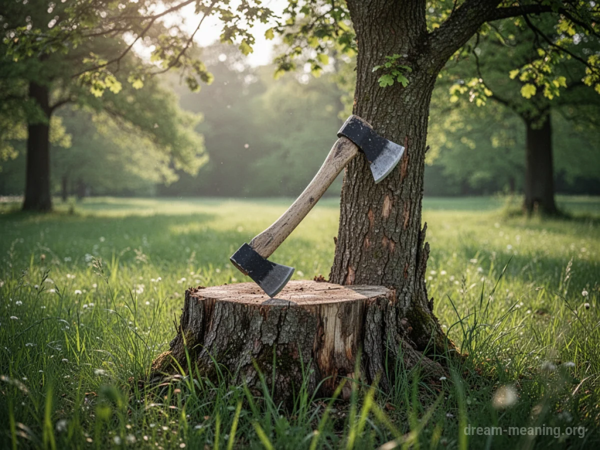 An axe leaning against a tree stump in a green field.