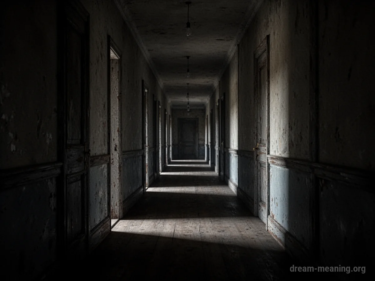 A silhouette of a person standing at the entrance of a very long, dark corridor.
