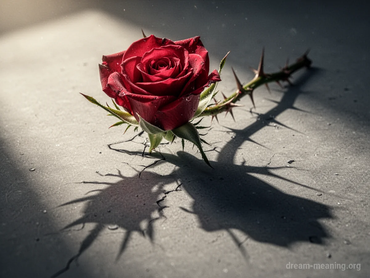 A rose with sharp thorns casting a long, dark shadow.