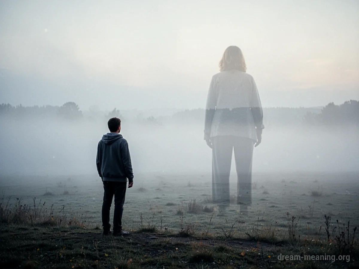 A person stands looking at a faint, ghost-like figure of a parent in a foggy landscape.