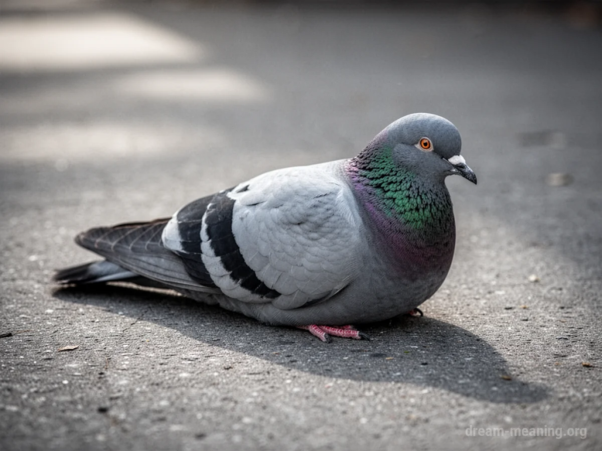 A still pigeon resting on a flat, grey surface.