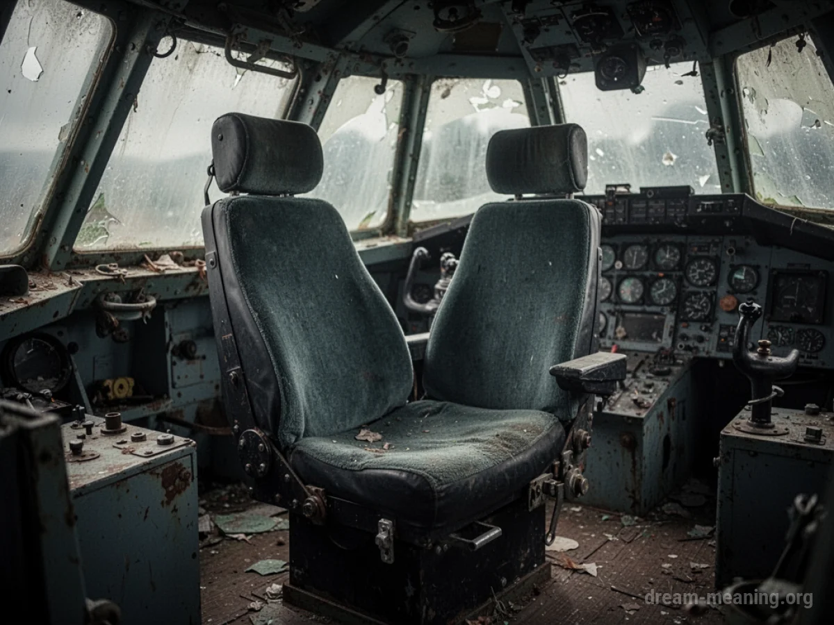 An empty pilot's seat in a dark cockpit.
