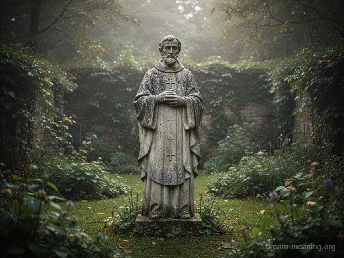 A stone statue of a priest covered in moss and vines.