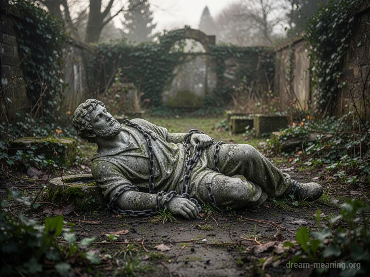 A weathered stone statue of a prisoner lying on the ground within a neglected garden.