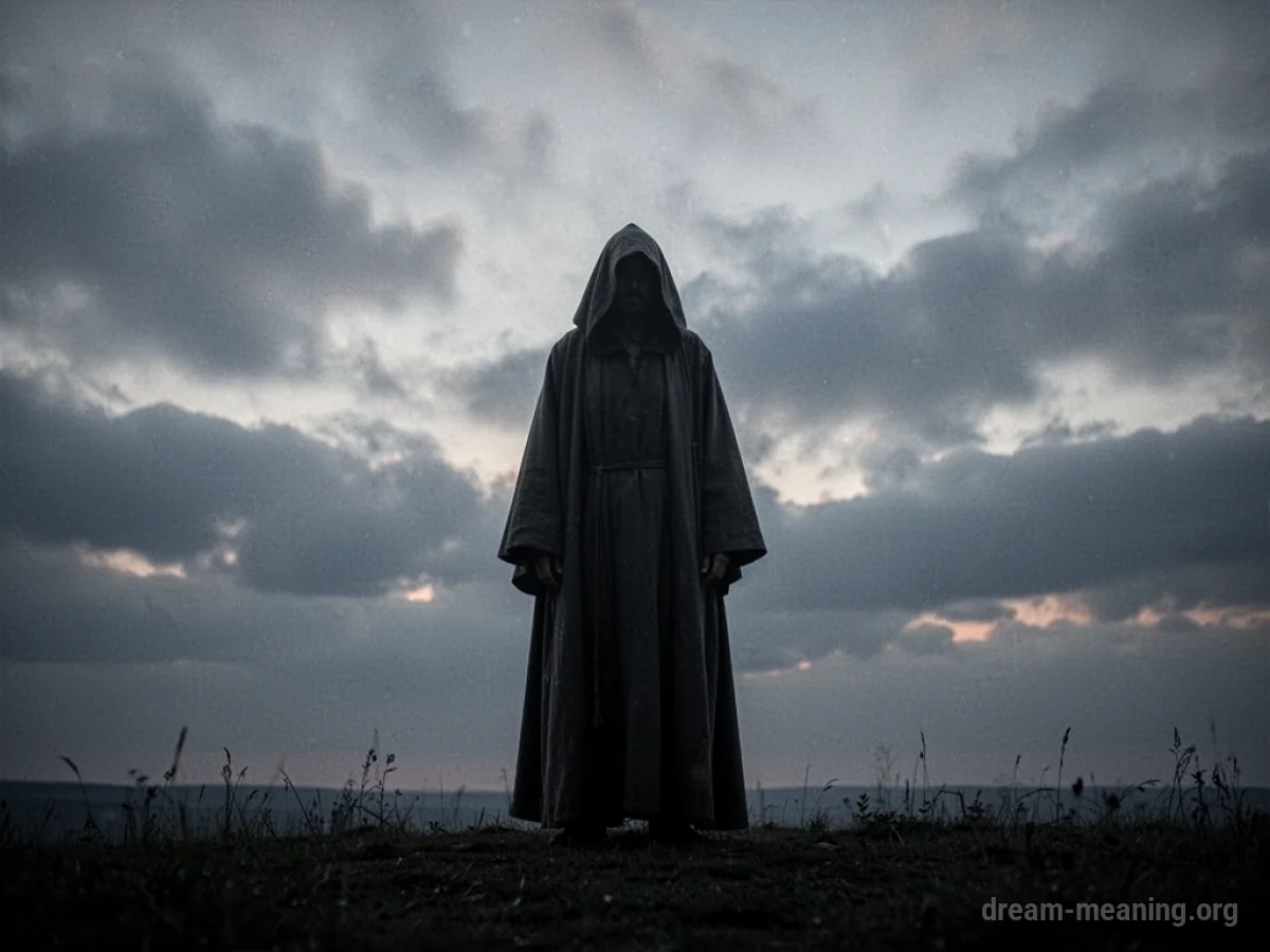 Silhouette of a figure in a robe against a cloudy sky.