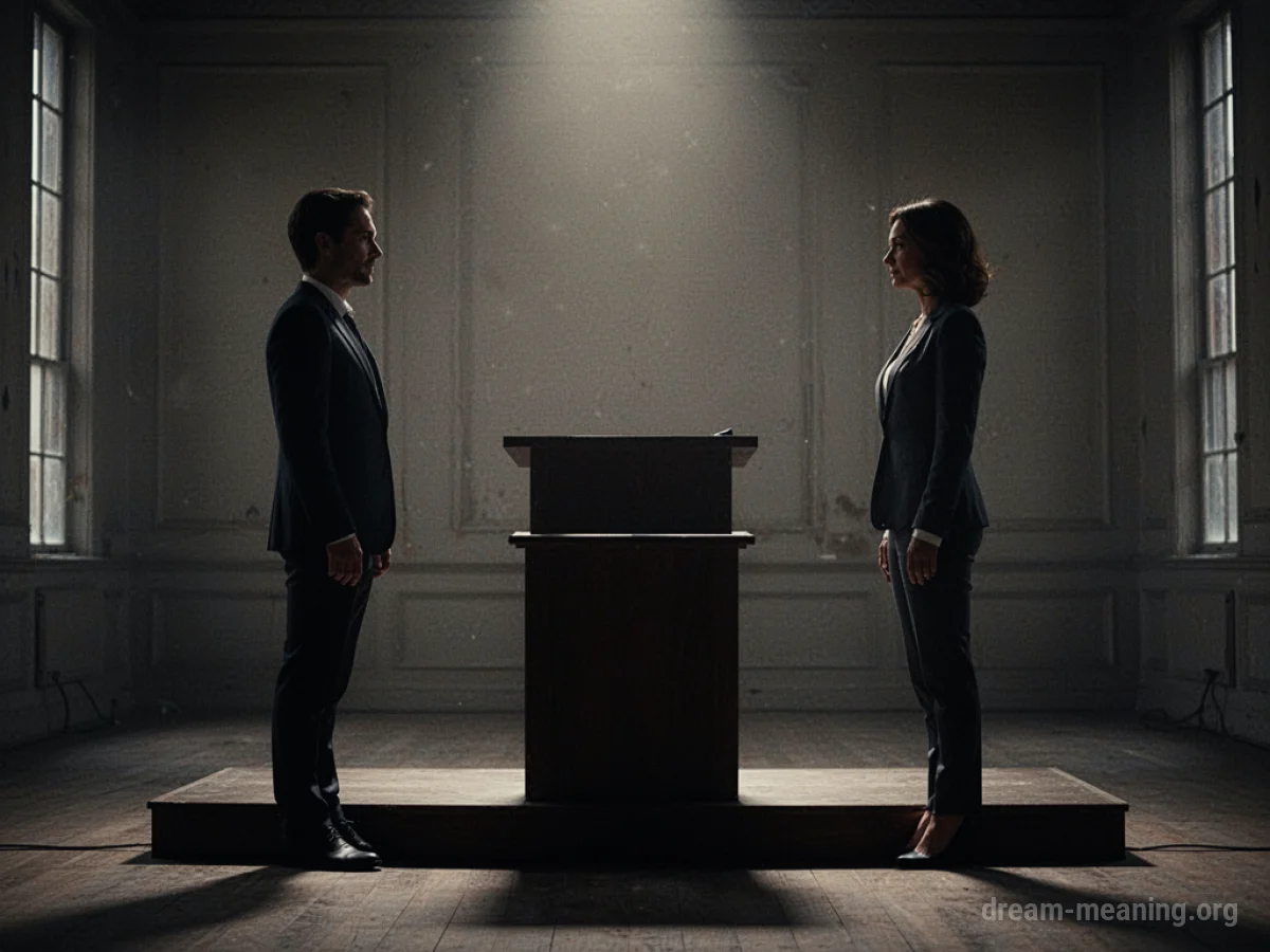Two indistinct figures facing each other across a stage.
