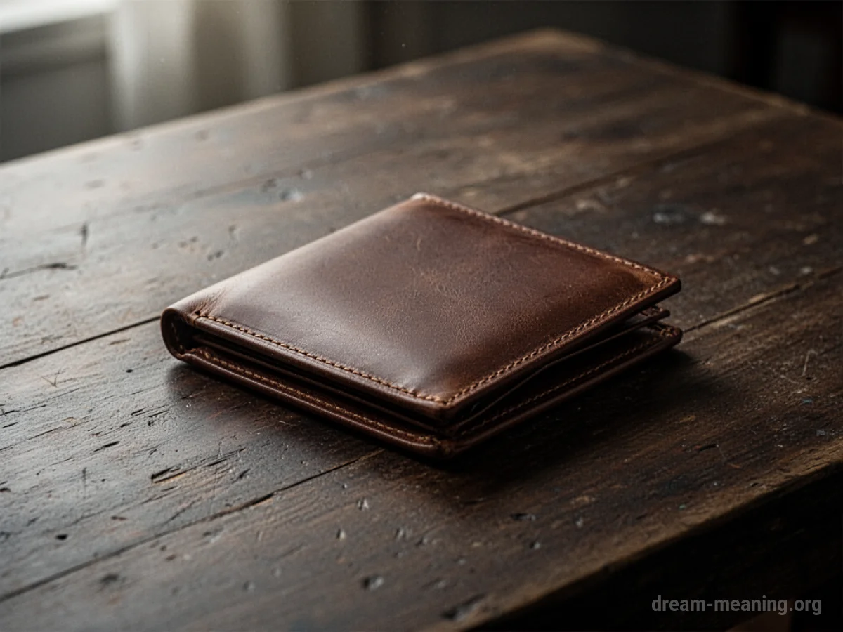 An empty leather wallet rests on a polished wooden surface.