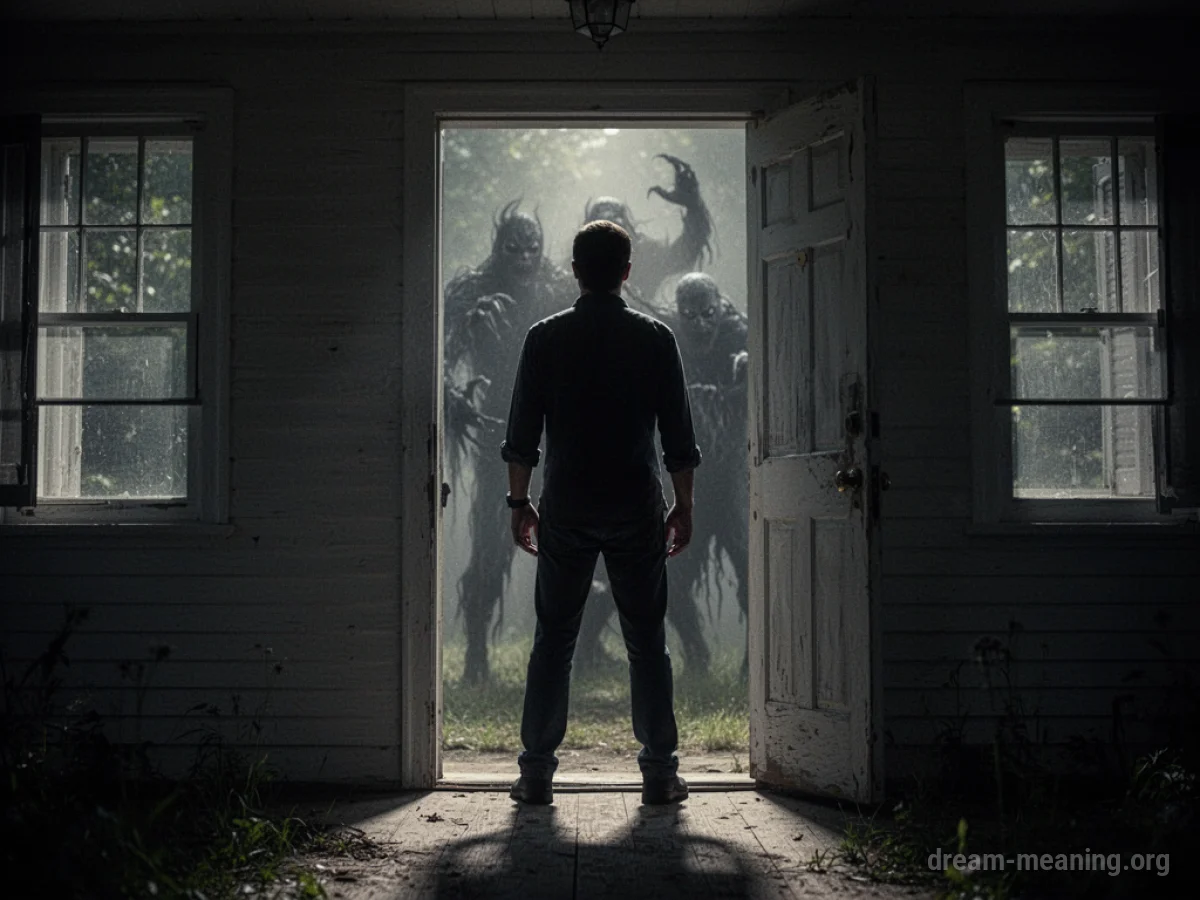 Silhouette of a person standing guard at the entrance of a house.