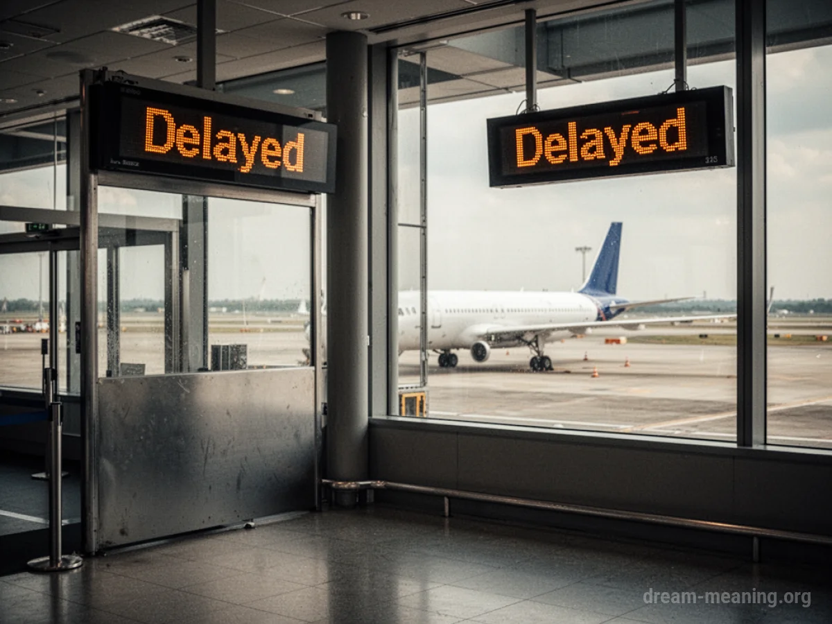 An airport gate with a delayed flight status and a view of an airplane on the tarmac.