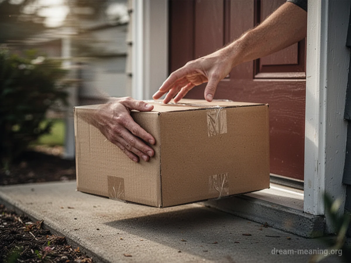 A hand placing a cardboard box on a doorstep.