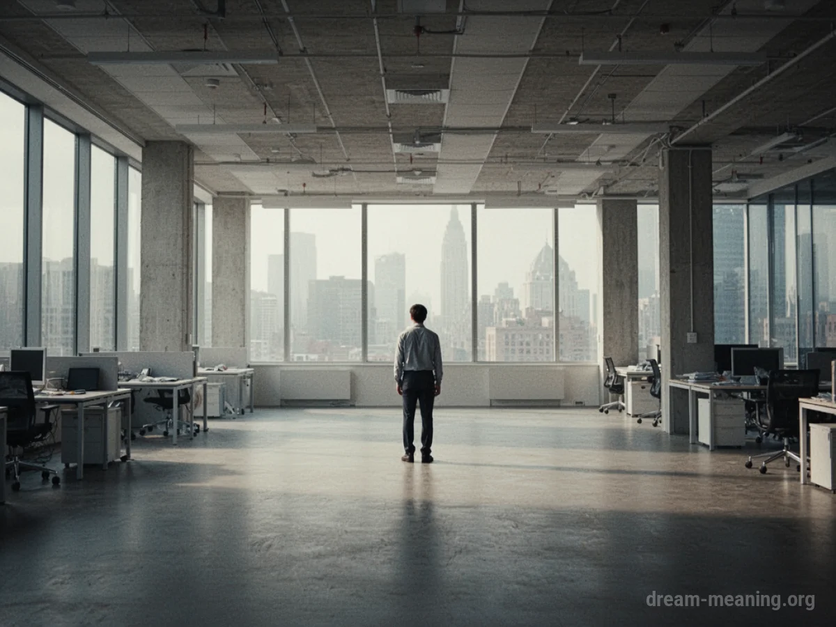 A lone person stands in a vast, empty office.