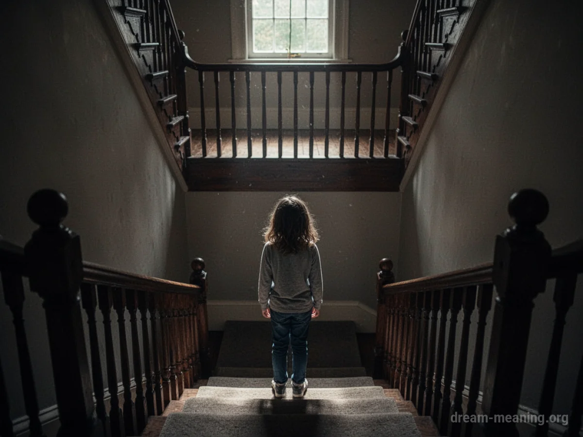 A person stands at the base of a long staircase.