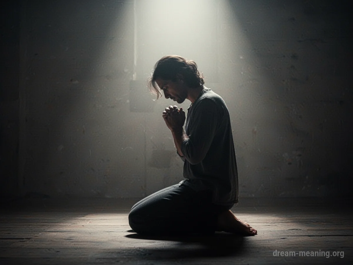 Silhouette of a person kneeling with clasped hands.