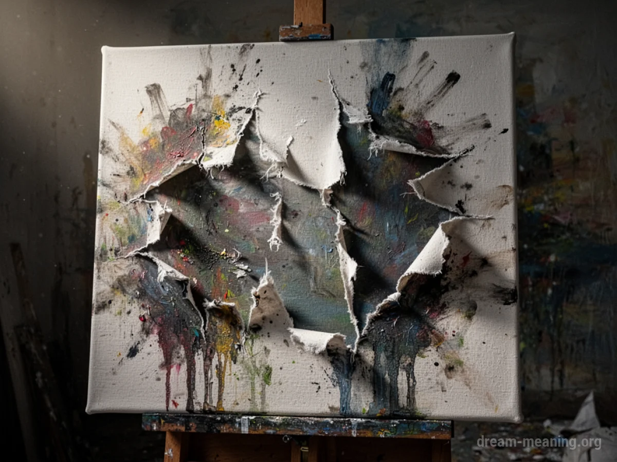 A torn and damaged canvas with smeared paint.