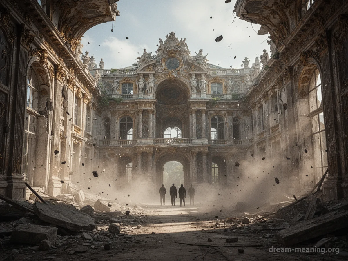 A large palace in a state of disrepair with visible damage and falling debris.