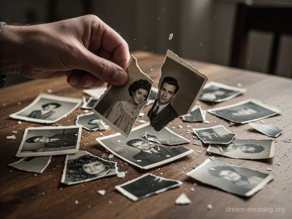 A hand tearing a photograph into pieces on a table.