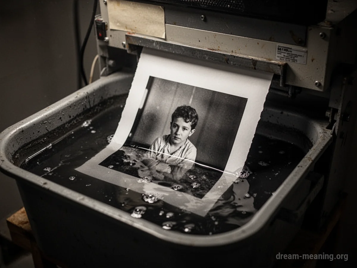 A photographic print emerging from a tray of developer liquid.