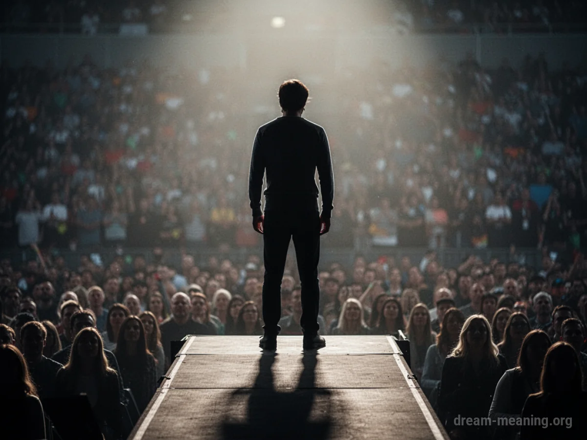 Silhouette of a figure on a raised platform overlooking a crowd.