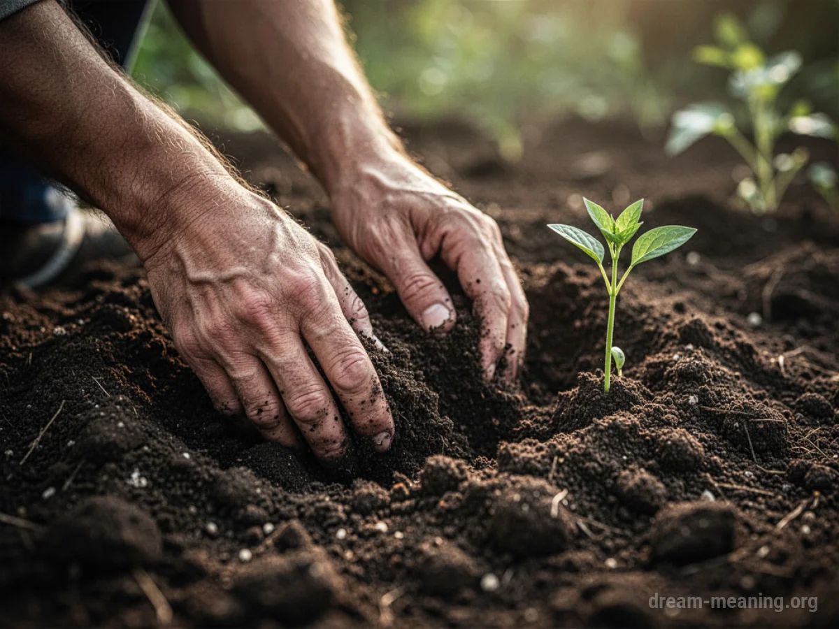 Hands digging into dark soil.
