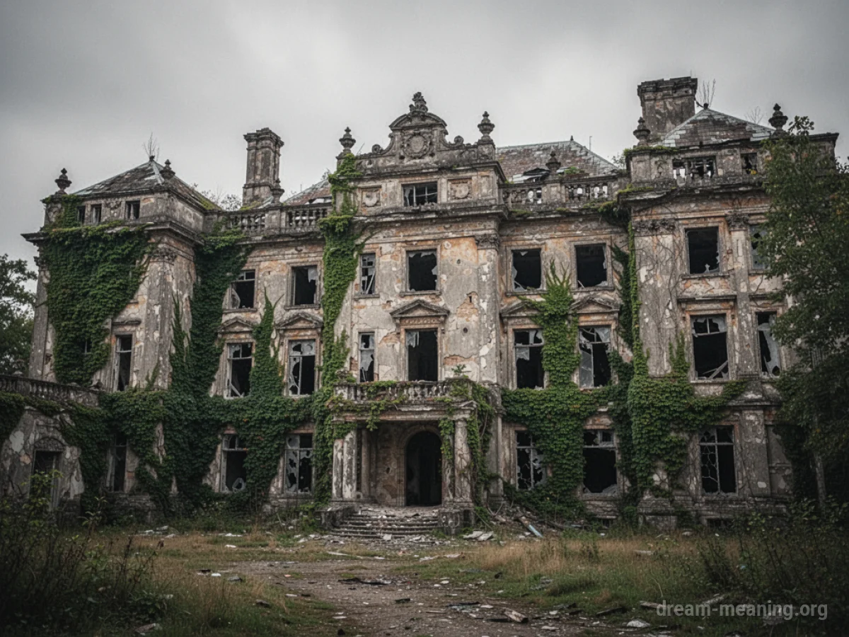 A crumbling stone palace with broken windows and overgrown vegetation.