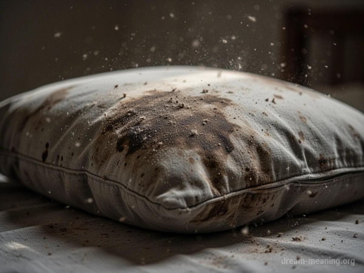 A grimy, faded pillow resting on a surface.